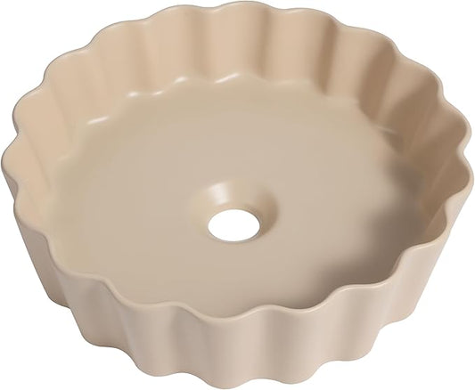 JONATHAN Y SNK1005G 15" Round Bathroom Vessel Sink, Art Deco Scallop Above Counter Vanity Sink, Matte Beige Ceramic Basin for Modern Powder Room and Lavatory