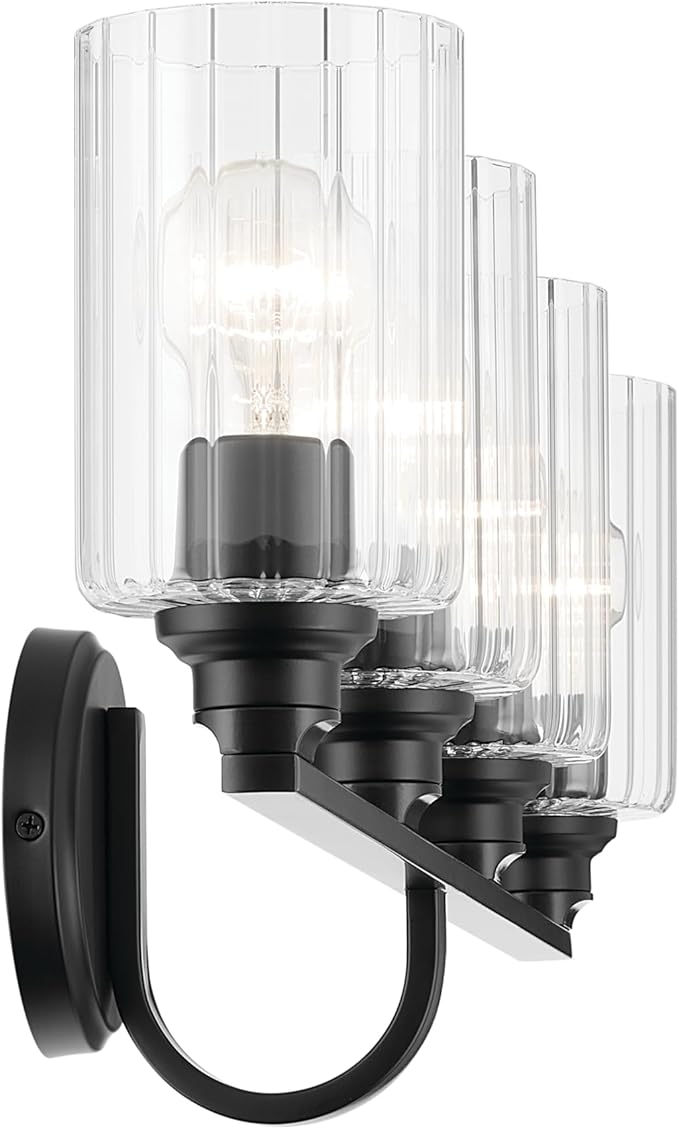 Kichler Gioe 32.25" 4-Light Vanity Light with Clear Fluted Glass in Black, Damp Rated, for Bathroom,Powder Room, Over a Mirror, (32.25" W x 10.5" H), 55227BKFLU
