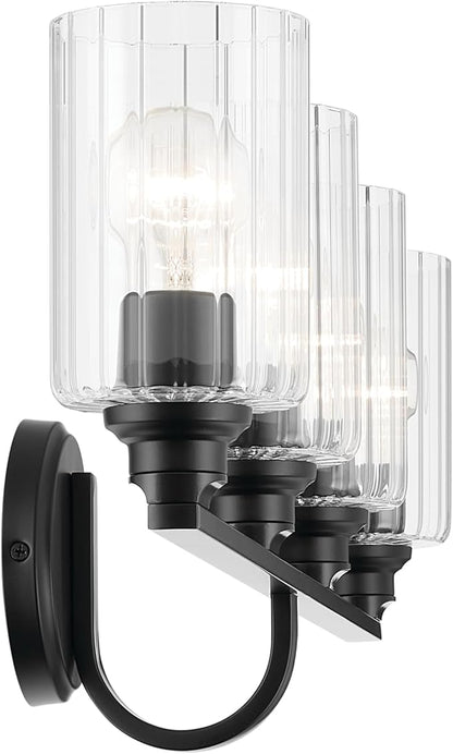 Kichler Gioe 32.25" 4-Light Vanity Light with Clear Fluted Glass in Black, Damp Rated, for Bathroom,Powder Room, Over a Mirror, (32.25" W x 10.5" H), 55227BKFLU