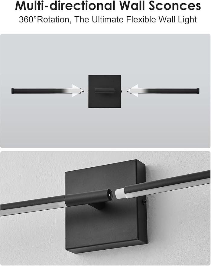 20.4 Inch Hardwired Wall Sconces Set of Two, 3000K Warm White Dimmable Modern Wall Sconces, 350° Rotate LED Light Fixtures Wall Lamp for Bathroom Living Room Bedroom Bedside, Black