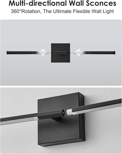 20.4 Inch Hardwired Wall Sconces Set of Two, 3000K Warm White Dimmable Modern Wall Sconces, 350° Rotate LED Light Fixtures Wall Lamp for Bathroom Living Room Bedroom Bedside, Black