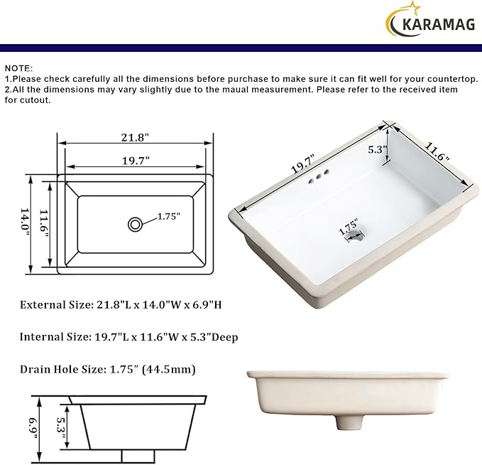 22 Inch Undermount Bathroom Sink Rectangle Undermount Sink White Ceramic Under Counter Bathroom Sinks with Overflow (21.8"x14.0")