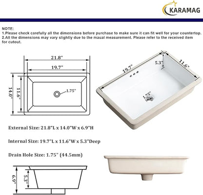 22 Inch Undermount Bathroom Sink Rectangle Undermount Sink White Ceramic Under Counter Bathroom Sinks with Overflow (21.8"x14.0")