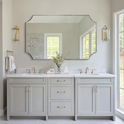 Brushed Nickel Mirror 30x48 Inch, Large Scalloped Bathroom Mirror, Anti-Rust Stainless Steel Metal Thin Frame Deep 1’’, Unique Rectangle Mirror Hangs Vertically or Horizontally