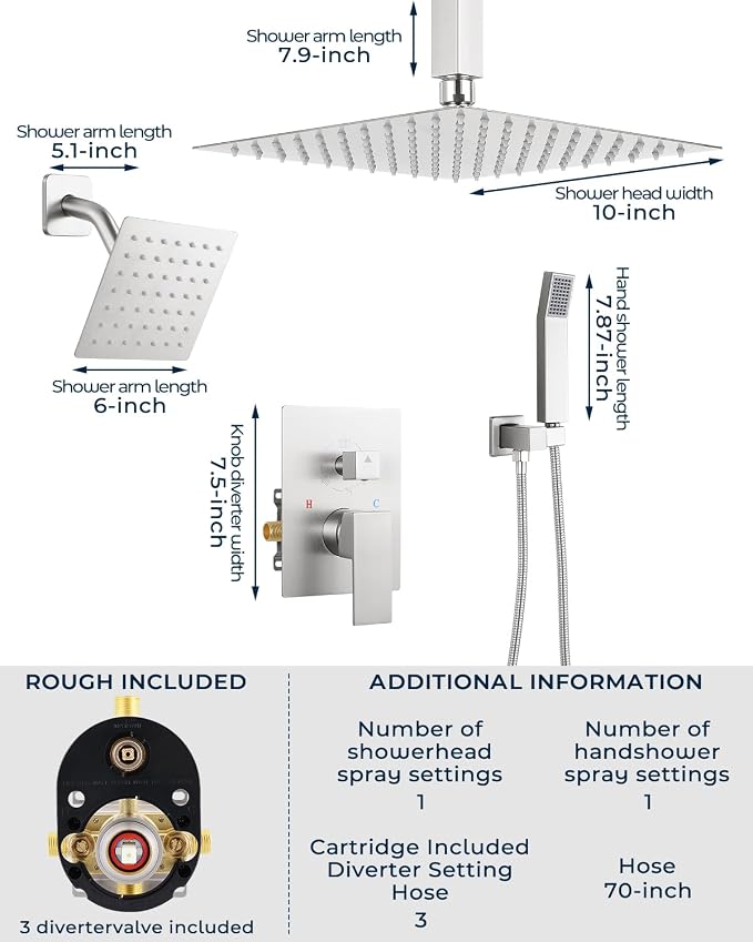 Rain Shower Faucet Set, 10" Top + 6" Side Head, Brushed Nickel | 3-head set w/ valve, SUS304 anti-freeze, 6 spray modes, self-clean nozzles