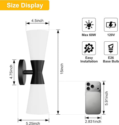 Bathroom Wall Sconce, Modern Indoor Vanity Light Fixtures 15",Up Down Lighting, Wall Mount Lamp for Living Room Bedroom Hallway Stairway Fireplace Mirror E26 Base 1PC White&Black