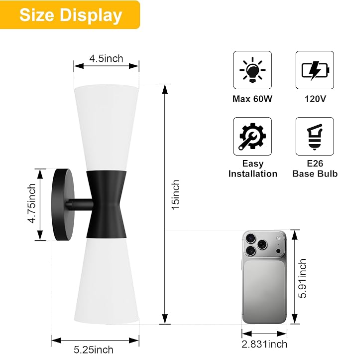 Wall Sconces Set of 2 for Bathroom, Modern Indoor Vanity Light Fixtures 15", Up Down Lighting, Wall Mount Lamp for Living Room Bedroom Hallway Stairway Fireplace Mirror E26 Base 2PC White&Black