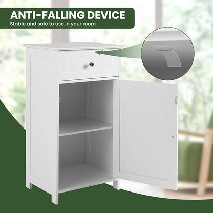 COSTWAY Bathroom Storage Cabinet, Wooden Freestanding Storage Organizer with Deep Drawers & Adjustable Shelf, Single Door Floor Cabinet for Living Room, Bathroom, Kitchen, Entryway, White