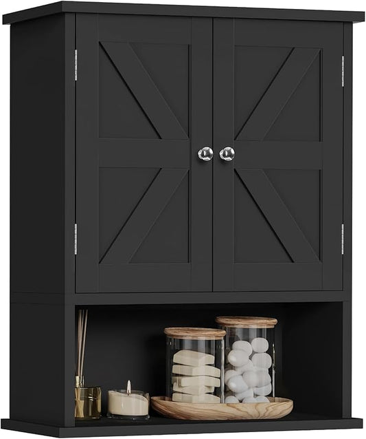 TEENFON Bathroom Wall Cabinet, Over The Toilet Space Saver Storage Cabinet with Barn Doors & Adjustable Shelf, Hanging Medicine Cabinet, Black UNGGX003HV1