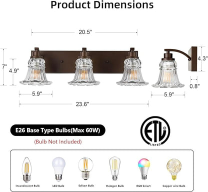 Vintage 3-Light Bathroom Vanity Light, Oil Rubbed Bronze Bathroom Light Fixtures with Floral Clear Glass Shades, Antique Wall Sconce Fixtures for Dressing Table, Bedroom