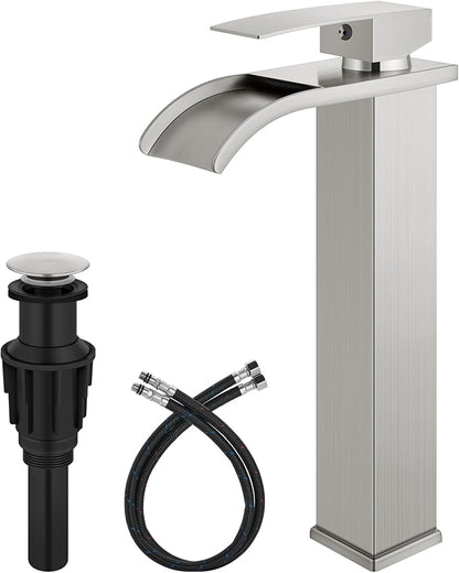 Vessel Sink Faucet Waterfall Tall Bathroom Faucet Single Handle,Single Hole Lavatory Vanity Mixer Tap with Pop Up Drain and Supply Lines,Brushed Nickel