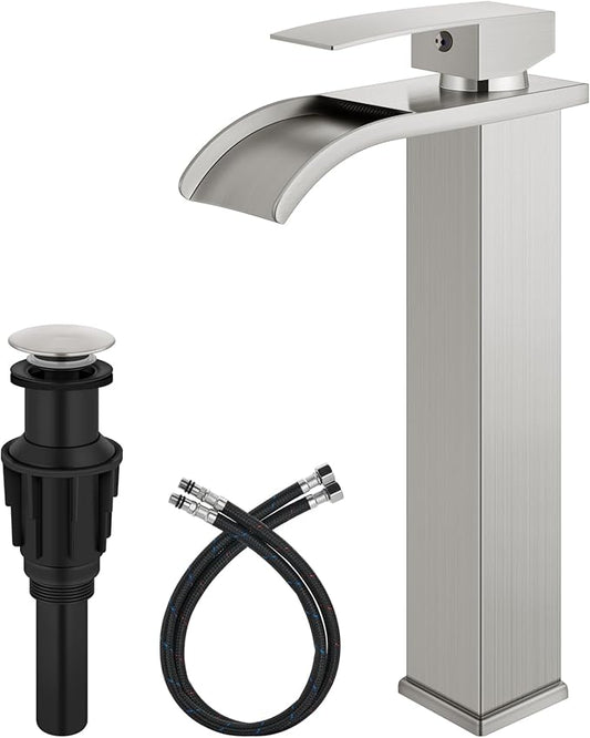 Vessel Sink Faucet Waterfall Tall Bathroom Faucet Single Handle,Single Hole Lavatory Vanity Mixer Tap with Pop Up Drain and Supply Lines,Brushed Nickel