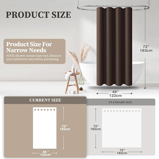BTTN Small Shower Curtain, 48 Inch Linen Textured Heavy Duty Cloth Shower Curtain Set with 8 Plastic Hooks, Narrow Hotel Luxury Simple Decorative Thick Fabric Shower Curtains for Bathroom,48x72, Brown