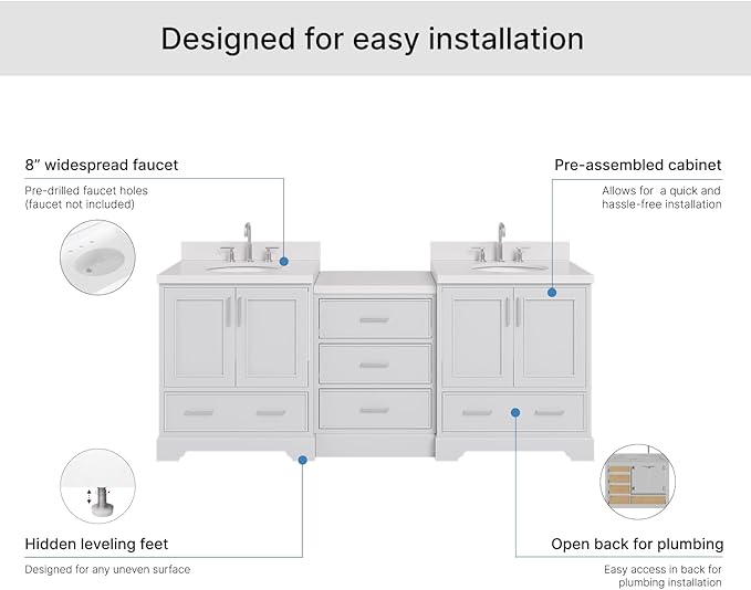 ARIEL Stafford 84-inch Bathroom Vanity with Sink,Solid Wood, 1.5in Pure White Quartz Countertop & Backsplash, Double Oval Porcelain Sink, 4 Soft Closing Doors, 5 Dovetail Drawers, Grey