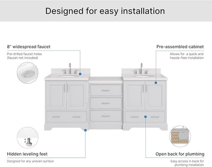 ARIEL Stafford 84-inch Bathroom Vanity with Sink,Solid Wood, 1.5in Pure White Quartz Countertop & Backsplash, Double Oval Porcelain Sink, 4 Soft Closing Doors, 5 Dovetail Drawers, Grey