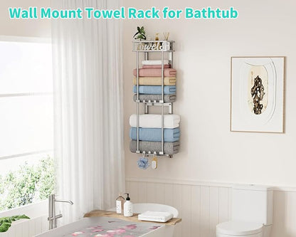 HapiRm Towel Rack Bathroom Storage - 3 Tier Over The Door & Wall Mounted Rolled Towel Racks Holder Organizer with Metal Shelf and 6 Hooks for Small Bathroom, Camper, Rv - Sliver