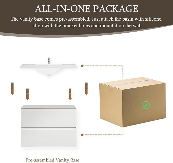 30 Inch Floating Bathroom Vanity with Sink, Large Storage Wall Mounted Floating Vanity with Soft Close Drawers, One-Piece Basin Bathroom Sink Cabinet (Glossy White, 30")