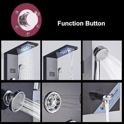 FUZ Contemporary Shower Panel Tower System Stainless Steel 6-Function Faucet LED Rainfall Waterfall Shower Head + Handheld Sprayer + Rain Massage Body Jets + Tub Spout, Black.