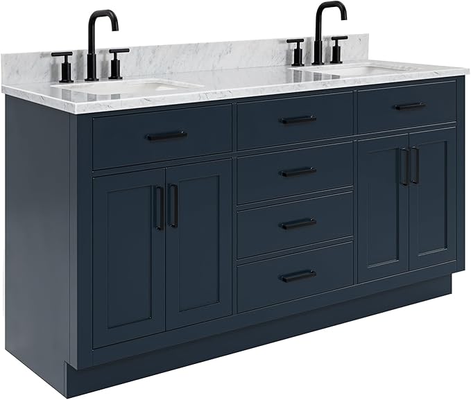 ARIEL Hepburn 66-inch Bathroom Vanity with Sink,Solid Wood, 0.75-inch Italian Carrara Marble Countertop, Double Rectangular Porcelain Sink, 4 Soft Closing Doors, 6 Dovetail Drawers, Midnight Blue