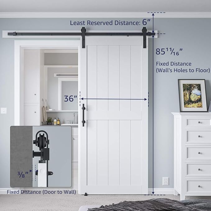 36 x84in MDF Sliding Barn Door with 6.6ft Barn Door Hardware Kit & Handle | White Solid Barn Door Slab Covered with Water-Proof PVC Surface, Pre-Drilled Holes Easy Assembly, H-Frame