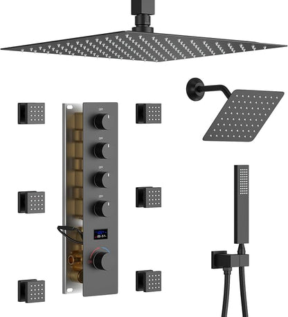 Matte Black Shower System Tempreature Display Shower Fuacet Set | 12 inch and 8 inch Full Body Shower Head, with 6 PCS Body Jet and Handheld Spray