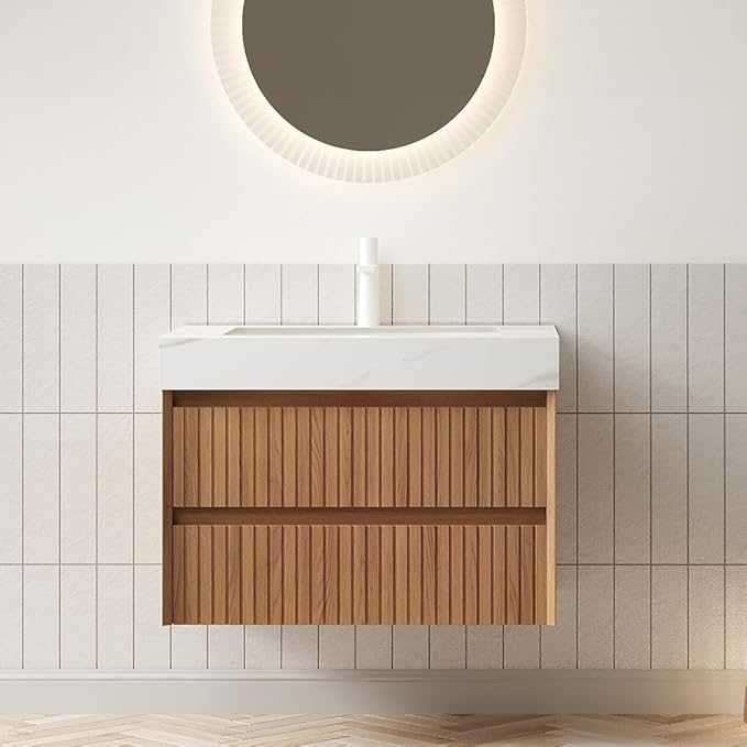 30" Bathroom Vanity with Sink, Modern Bathroom Floating Vanity with Travertine-Pattern Sintered Stone Top & Ceramic Undermount Basin, Pre-Assembled W/2 Drawers, Espresso/W