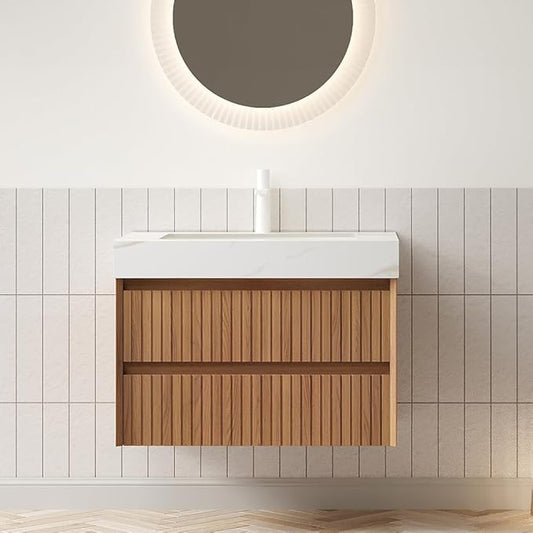 30" Bathroom Vanity with Sink, Modern Bathroom Floating Vanity with Travertine-Pattern Sintered Stone Top & Ceramic Undermount Basin, Pre-Assembled W/2 Drawers, Espresso/W