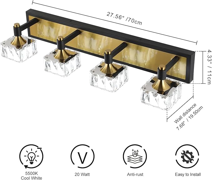 4-Light Bathroom Vanity Light Dimmable, 24W LED Bathroom Lighting Fixtures Over Mirror, Gold Black Wall Sconce with Crystal Shade for Daylight Illumination