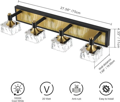 4-Light Bathroom Vanity Light Dimmable, 24W LED Bathroom Lighting Fixtures Over Mirror, Gold Black Wall Sconce with Crystal Shade for Daylight Illumination