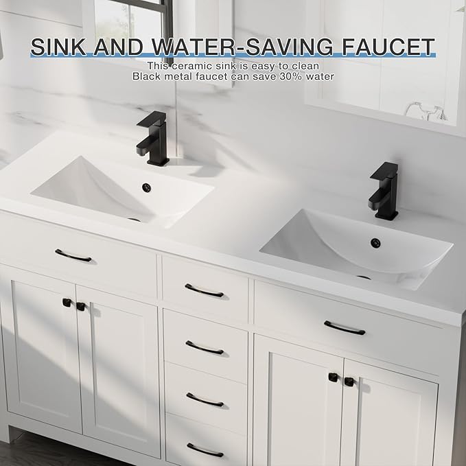 LUCKWIND 60" Bathroom Vanity and Sink Combo, Painted Modern Bathroom Storage Cabinet with Double Large Sink, Four Doors and Three Drawers, Include Faucet, Without Mirror, White