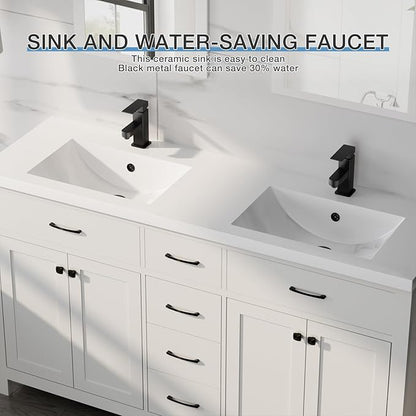 LUCKWIND 60" Bathroom Vanity and Sink Combo, Painted Modern Bathroom Storage Cabinet with Double Large Sink, Four Doors and Three Drawers, Include Faucet, Without Mirror, White