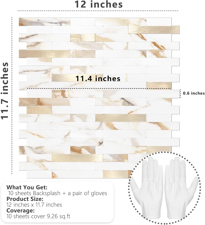 STICKGOO Peel and Stick Backsplash Tile, Stick on Backsplash for Kitchen and Bathroom, Calacatta Gold Marble Look PVC Mixed Metal Gold Self Adhesive Wall Tiles(10 Sheets)