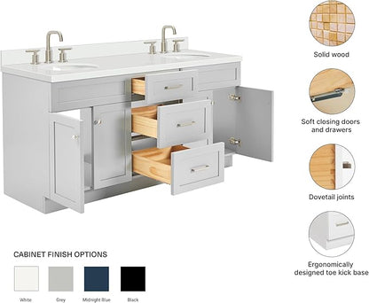 ARIEL Hamlet 72-inch Bathroom Vanity with Sink,Solid Wood, 1.5-inch Pure White Quartz Countertop & Backsplash, Double Oval Porcelain Sink, 4 Soft Closing Doors, 3 Dovetail Drawers, Grey
