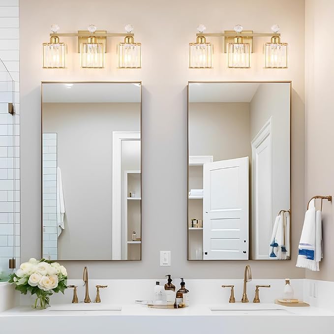 Lxybcce Bathroom Vanity Light Fixture 3-Light - Vanity Lights for Bathroom with Crystal Shade Gold Metal, Easy Install No Drilling Needed, Shadow-Free Illumination for Modern Bathroom Mirror Decor