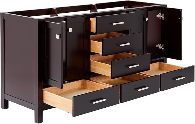 ARIEL Cambridge 66-inch Bathroom Vanity Base Cabinet,Solid Wood, 4 Soft Closing Doors, 6 Dovetail Drawers, Espresso