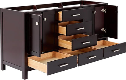 ARIEL Cambridge 66-inch Bathroom Vanity Base Cabinet,Solid Wood, 4 Soft Closing Doors, 6 Dovetail Drawers, Espresso