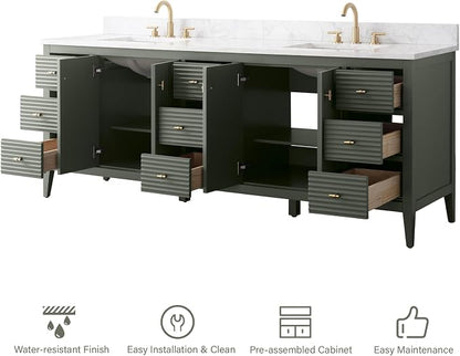 HOMEBEYOND 84" Bathroom Vanity with Double Sink & Engineered Marble Top, Solid Wood Frame, Linear Pattern & Soft Close Door | Golden Brushed Handware,Vintage Green