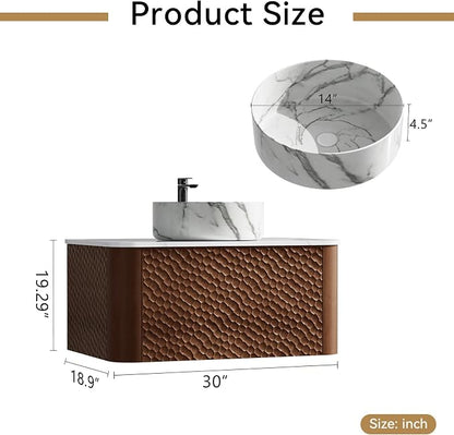 30 Inch Modern Bathroom Vanity with Ceramic Sink, Floating Bathroom Vanity Cabinet with Sintered Stone Top&Solid Wood Hammered Frame, Single Sink Bathroom Vanities w/Soft-Close Drawers,Walnut