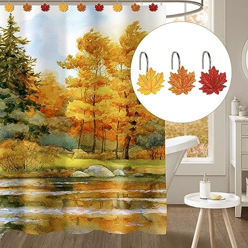 Sunlit Maple Leaf Shower Curtain Hooks for Fall Autumn, Home Decorative Shower Curtain Rings for Bathroom, Resin, Orange Red Maple Leaves Shower Curtain Hangers Hooks Bath Accessories, Set of 12