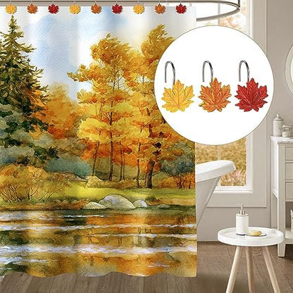 Sunlit Maple Leaf Shower Curtain Hooks for Fall Autumn, Home Decorative Shower Curtain Rings for Bathroom, Resin, Orange Red Maple Leaves Shower Curtain Hangers Hooks Bath Accessories, Set of 12