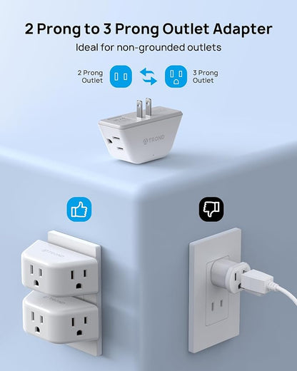 TROND 2 Prong to 3 Prong Outlet Adapter for Old House, 2 Pack | 3-Way Angled Wall Extender with 3 AC Sockets, Plug Expander for Non-Grounded Socket in Home Hotel, Cruise Essentials, White