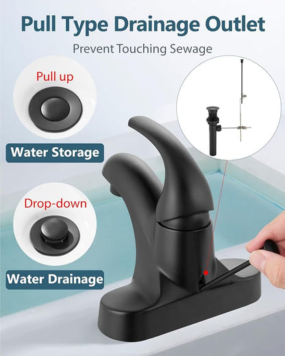 4-Inch Centerset Bathroom Sink Faucet with Drain, Matte Black | Single-Handle Vanity Faucet with Lift Rod Drain, 24-Inch Supply Lines, 1.2 GPM, 3-Hole Deck Mount, Easy Installation