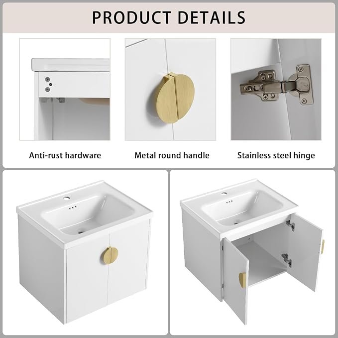 Floating Bathroom Vanity with Sink, 24" Wall-Mounted Vanity with Ceramic Basin & 2 Soft-Close Doors Cabinet, Small Bathroom Storage Cabinet with Metal Semi-Circle Handle, Gloss White