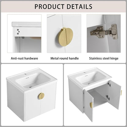 Floating Bathroom Vanity with Sink, 24" Wall-Mounted Vanity with Ceramic Basin & 2 Soft-Close Doors Cabinet, Small Bathroom Storage Cabinet with Metal Semi-Circle Handle, Gloss White