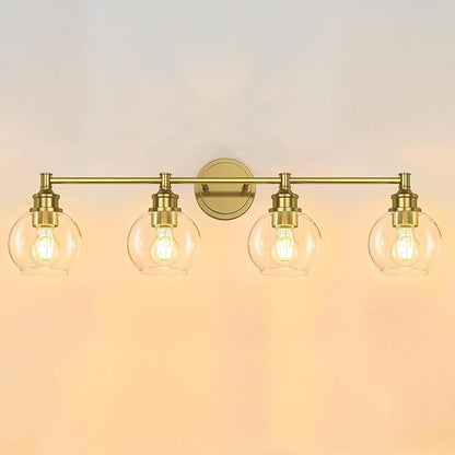 Bathroom Light Fixtures, 4-Light Brushed Gold Vanity Light Globe Glass Shades, Bathroom Lighting Fixtures Over Mirror, Wall Sconces for Master Bathroom, Guest Bathroom, Powder Room, 28-inch