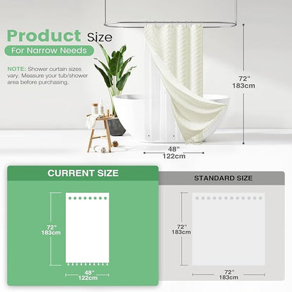 Dynamene Stall Shower Curtain and Liner Set - 48 inch Wide Boho Shower Curtain and Waterproof Clear Liner, Tufted Chevron Striped Textured Tassel Shower Curtains for Bathroom, 8 Hooks, 48x72, Cream