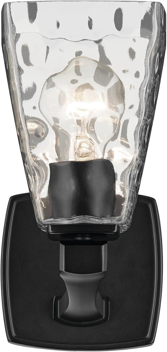 Kichler Marant 5" 1-Light Wall Sconce with Clear Water Glass in Black, for Bathroom, Powder Room, Hallways, (5" W x 9.5" H), 55214BKWTR