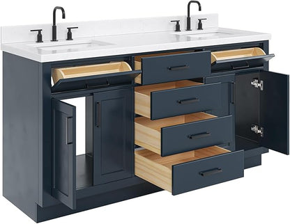 DKB Isabella 66" Midnight Blue Double Bathroom Vanity, 1.5" Carrara Quartz Countertop, Double Rectangular Undermount Sinks, 4 Soft Closing Doors, 6 Dovetail Drawers