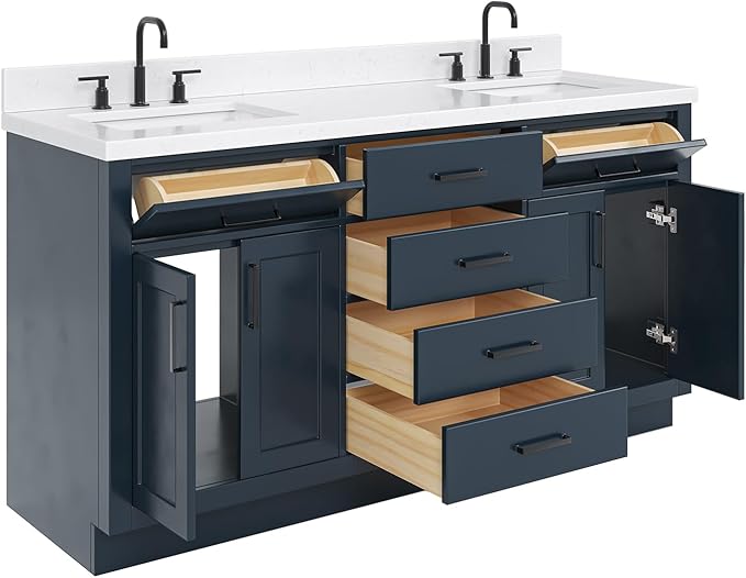 ARIEL Hepburn 66-inch Bathroom Vanity with Sink,Solid Wood, 1.5-inch Carrara White Quartz Countertop, Double Rectangular Porcelain Sink, 4 Soft Closing Doors, 6 Dovetail Drawers, Midnight Blue