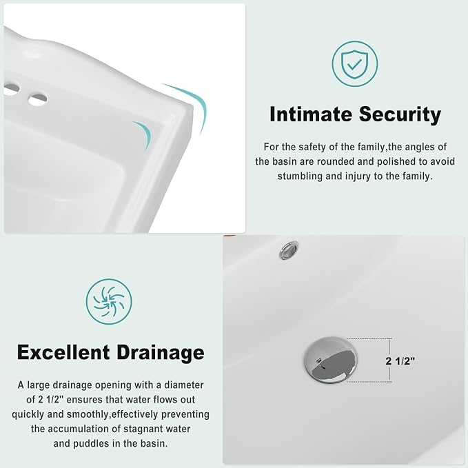 Bathroom Pedestal Sinks,Pedestal Sink 23" W X 19" D Vintage White Ceramic Pedestal Bathroom Sink With Overflow and 3 Pre-Drilled Holes - Fits 4-Inch Faucets